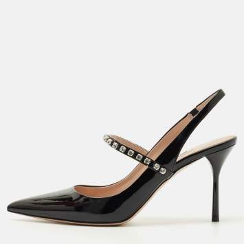 Pre Owned Miu Miu Black Patent Leather Decollete Crystal Embellished Slingback Pumps Size 38