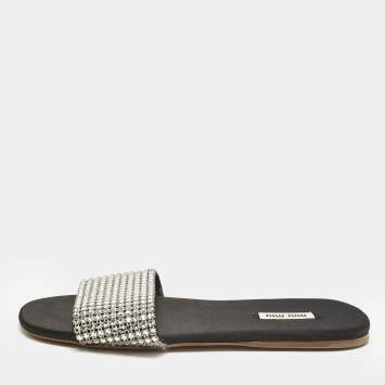 Pre Owned Miu Miu Silver Satin Crystal Embellished Flat Slides Size 38