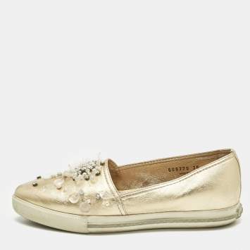 Pre Owned Miu Miu Gold LeatherEmbellish Pointed Toe Slip On Sneakers Size 36