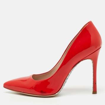 Pre Owned Miu Miu Cherry Red Patent Leather Glitter Sole Pointed Toe Pumps Size 37