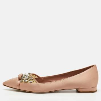 Pre Owned Miu Miu Beige Satin Bow Crystal Embellished Pointed Toe Ballet Flats Size 38.5