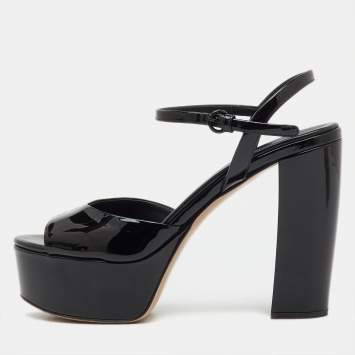 Pre Owned Miu Miu Black Patent Leather Block Heel Platform Sandals Size 37.5