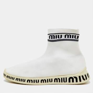 Pre Owned Miu Miu White Knit Fabric Sock High Slip On Sneakers Size 40