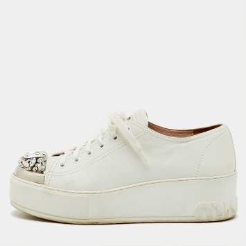 Pre Owned Miu Miu White Leather Crystal Embellished Cap Toe Platform Sneakers Size 38