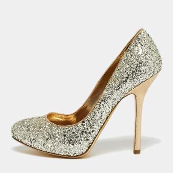 Pre Owned Miu Miu Gold Coarse Glitter Round Toe Pumps Size 37.5