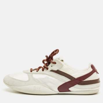 Pre Owned Miu Miu White/Brown Fabric, Suede and Leather Gymnasium Low Top Sneakers Size 38.5