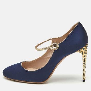 Pre Owned Miu Miu Blue/Gold Satin and Leather Mary Jane Pumps Size 38