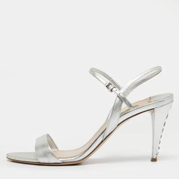 Pre Owned Miu Miu Silver Leather Ankle Strap Sandals Size 40.5