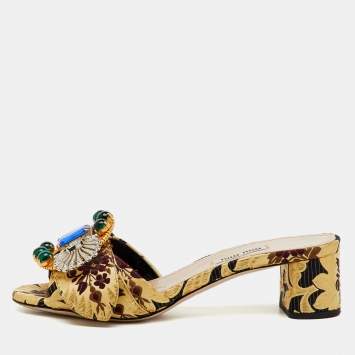 Pre Owned Miu Miu Multicolor Brocade Fabric Crystal Embellished Slide Sandals Size 37