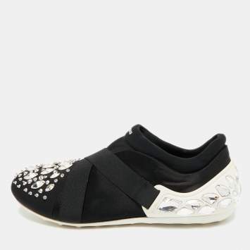 Pre Owned Miu Miu Black Elastic and Nylon Crystal Embellished Slip On Sneakers Size 38
