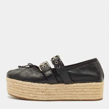 مملوكة مسبقًا Miu Miu Size 40 Black Leather Belted Ballet Platform Espadrille Flats  