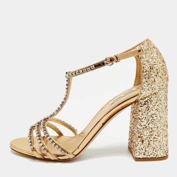 Pre Owned Miu Miu Crystal Embellished Size 38.5 Gold Glitter T-Strap Sandals