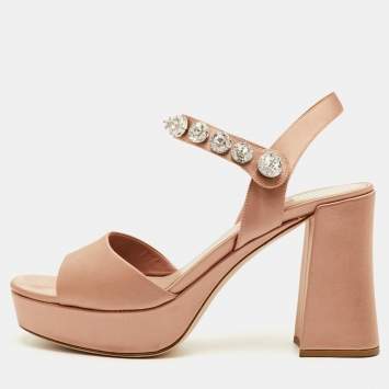 Pre Owned Miu Miu Size 41 Beige Crystals Embellished Satin Block Heel Platform Sandals