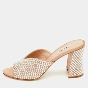Pre Owned Miu Miu Size 40 Beige Crystal Embellished Heel Satin Mules