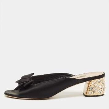 Pre Owned Miu Miu Size 39.5 Black Satin Bow Crystal Embellished Block Heel Slide Sandals