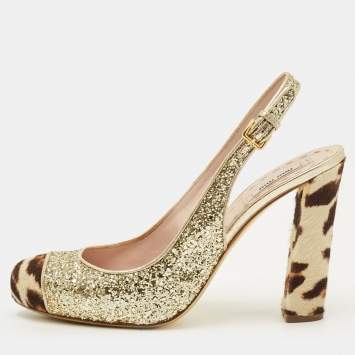 مملوكة مسبقًا Miu Miu Coarse Size 40.5 Gold Calf Hair and Glitter Block Heel Slingback Pumps