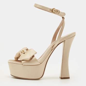 Pre Owned Miu Miu Size 36 Beige Satin Logo Bow Platform Ankle Strap Sandals