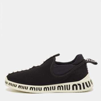 Pre Owned Miu Miu Size 36 Black Knit Fabric and Nylon Crystal Embellished Slip On Sneakers