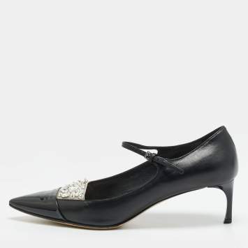 Pre Owned Miu Miu Size 36.5 Black Patent and Leather Crystal Embellished Mary Jane Pumps