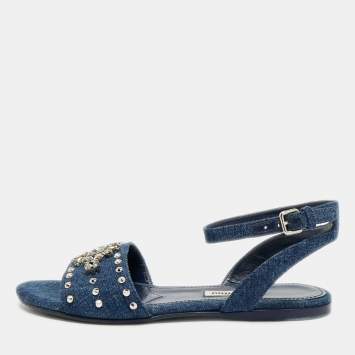 Pre Owned Miu Miu Size 35 Blue Denim Crystal Embellished Ankle Strap Sandals