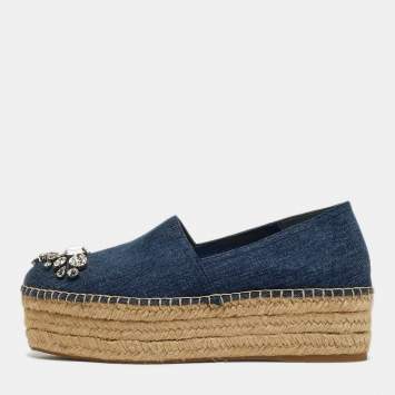 Pre Owned Miu Miu Size 38 Blue Denim Crystal Embellished Espadrille Platform Wedge Flats