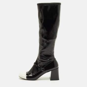 Pre Owned Miu Miu Size 41 Black/White Leather and Patent Leather Knee Length Boots