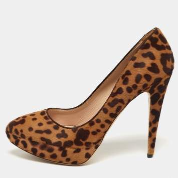 Pre Owned Miu Miu Size 41 Brown/Beige Leopard Print  Calf Hair Platform Pumps