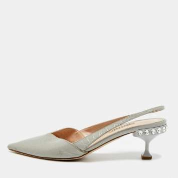 Pre Owned Miu Miu Size 38 Blue Croc Embossed Leather Slingback Pumps