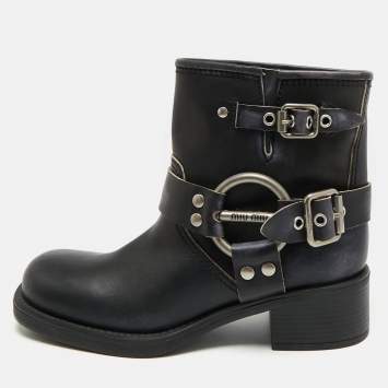 مملوكة مسبقًا Miu Miu Harness Moto Size 38 Black Leather Combat Boots