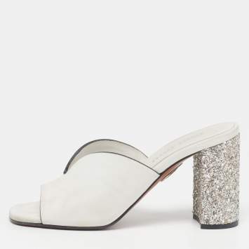 Pre Owned Miu Miu Size 37.5 White Leather Glitter Block Heel Slide Sandals