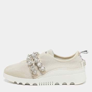 Pre Owned Miu Miu Size 36 Cream Knit Fabric Crystal Embellished Slip On Sneakers