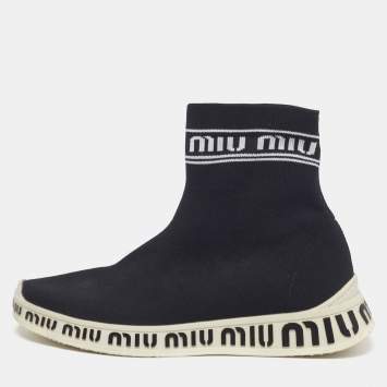 Pre Owned Miu Miu Sock Size 36 Black Knit Fabric High Top Sneakers