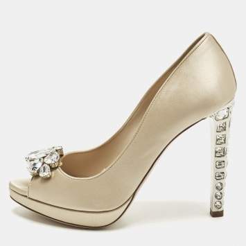 Pre Owned Miu Miu Size 37 Cream Satin Crystal Embellished Heel Platform Peep Toe Pumps