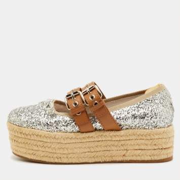 مملوكة مسبقًا Miu Miu Size 37 Silver/Brown Glitter and Leather Platform Espadrille Ballet Flats
