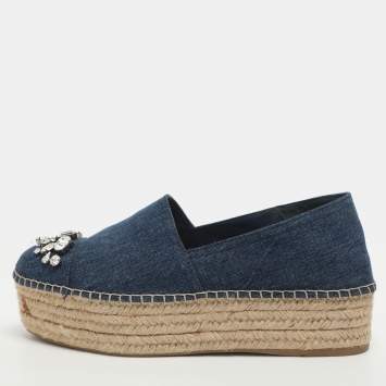 Pre Owned Miu Miu Crystal Embellished Size 41 Blue Denim Espadrille Flats