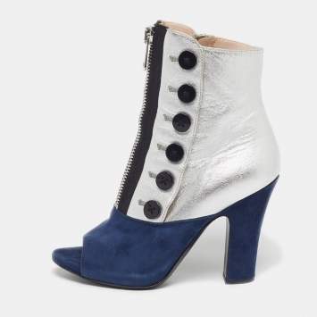 مملوكة مسبقًا Miu Miu Size 37.5 Silver/Navy Blue Leather and Suede Ankle Boots