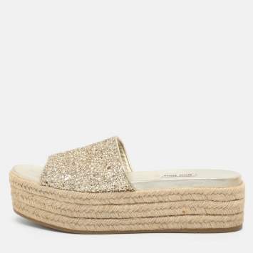 Pre Owned Miu Miu Size 38.5 Gold Glitter Espadrille Platform Slide Sandals 