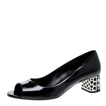 Pre Owned Miu Miu Black Patent Leather Crystal Block Heel Open Toe Pumps Size 37.5