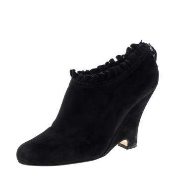 Pre Owned Miu Miu Black Suede Pleated Trim Ankle Boots Size 41