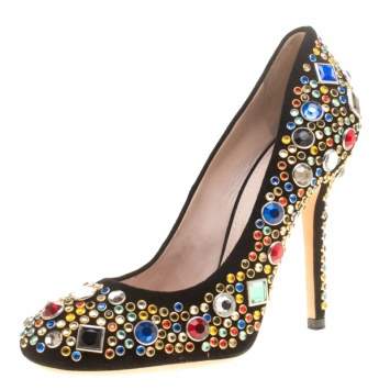 Pre Owned Miu Miu Black Suede Donna Multicolor Crystal Embellished Pumps Size 37