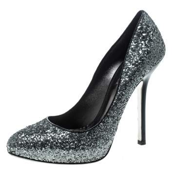 Pre Owned Miu Miu Metallic Silver Coarse Glitter Platform Pumps Size 39