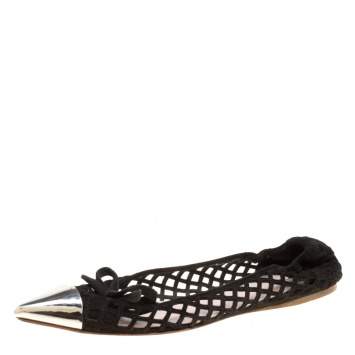 Pre Owned Miu Miu Black Laser Cut Suede Metal Cap Toe Ballet Flats Size 37.5