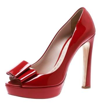 Pre Owned Miu Miu Red Patent Leather Peep Toe Bow Platform Pumps Size 40