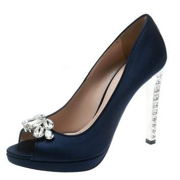 Pre Owned Miu Miu Blue Satin Crystal Embellished Heel Peep Toe Platform Pumps Size 39