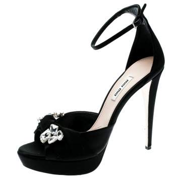 Pre Owned Miu Miu Black Satin Crystal Embellished Ribbon platform Sandals Size 39