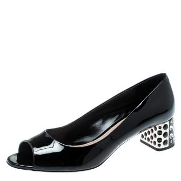 Pre Owned Miu Miu Black Patent Leather Crystal Embellished Heel Peep Toe Pumps 39