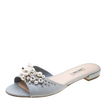 Pre Owned Miu Miu Blue Velvet Pearl Embellished Slides Size 39