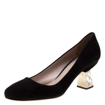 Pre Owned Miu Miu Black Suede Embellished Heel Pumps Size 39
