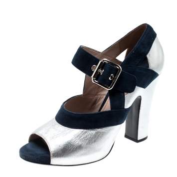 Pre Owned Miu Miu Metallic Silver Leather And Blue Suede Mary Jane Peep Toe Pumps Size 38.5