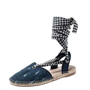 Pre Owned Miu Miu Blue Denim Fabric Tie Up Espadrille Flats Sandals Size 40
